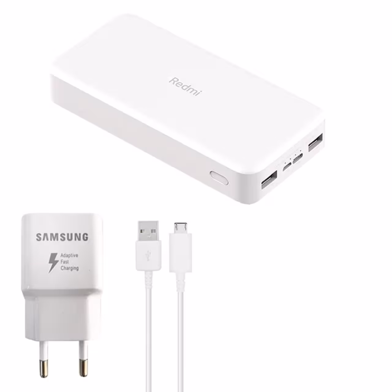 پاوربانک شیائومی مدل Redmi PB200LZM ظرفیت 20000 میلی آمپر به همراه شارژر دیواری سامسونگ و کابل تبدیل