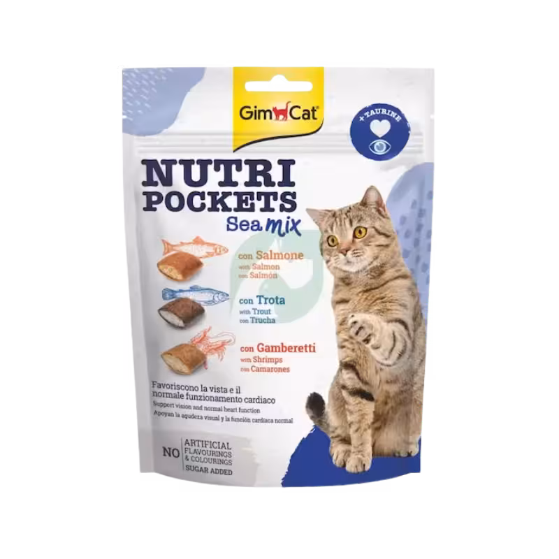 تشویقی گربه بالغ مدل Nutri Pockets Mix میکس دریایی برند Gim Cat جیم کت 150 گرمی