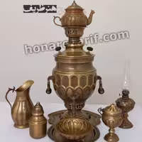 سرویس کامل سماور 8 لیتری برنجی سیاه قلم با دسته گوشواره