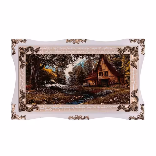 تابلو فرش ماشینی دنیای فرش طرح خانه ای در جنگل 304