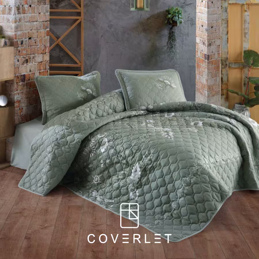 روتختی پنبه‌دوزی سبز طرح گل دونفره مدل Mohana