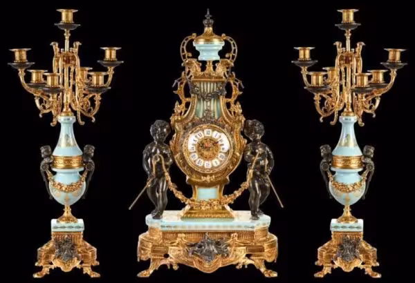 سرویس ساعت و شمعدان برنز و چینی 3 تکه A0017