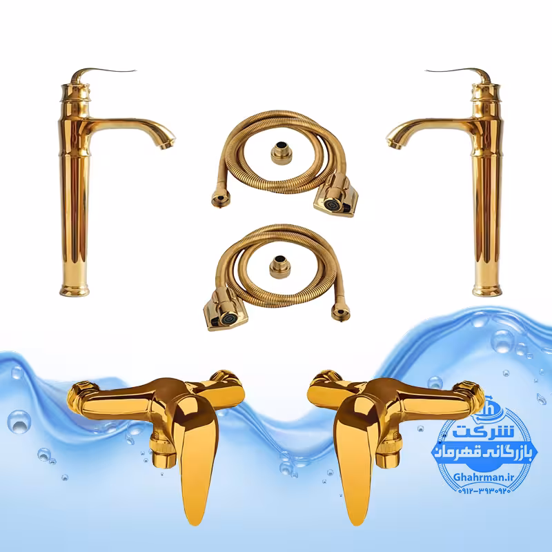 ست 6 عددی شیرآلات مدل قهرمان | 2 عدد شیر روشویی پایه‌بلند بامبو   2 عدد شیر توالت   2 عدد شلنگ توالت | طلایی براق