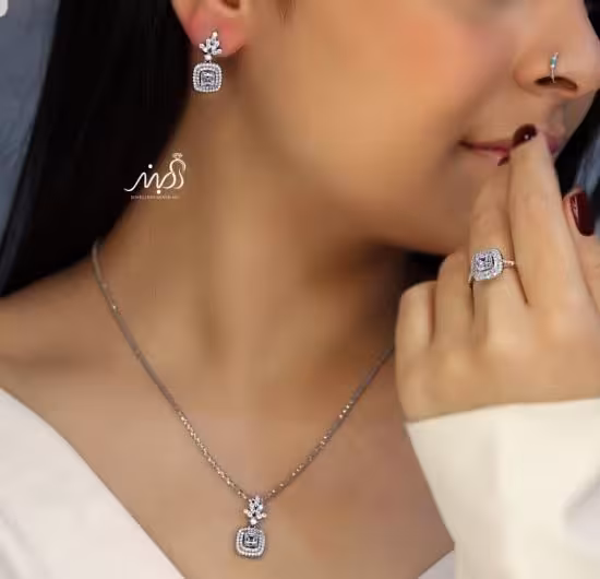 💍نیم ست (آویز و گوشواره) جواهری لاکچری  خاص و زیبا ، نقره عیار 925(N_4327)