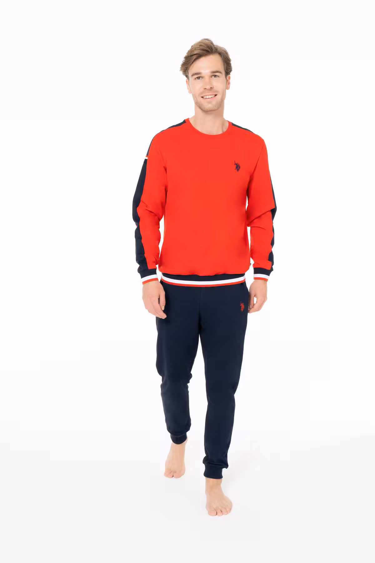 ست پیژامه مردانه یقه دوچرخه لباس خانه قرمز رنگ 100 ٪ پنبه . U.S. Polo Assn.