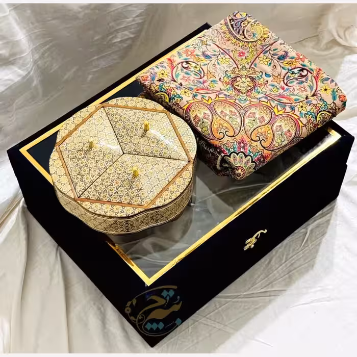 ست هدیه خاتم کاری ترمه و شکلات خوری سه درب