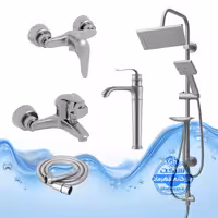 ست 5 عددی شیرآلات برند آیدا صنعت مدل قهرمان | شیر روشویی پایه‌بلند بامبو   شیر توالت   شیر حمام   علم یونیورست رسوب‌گیر اتومات   شلنگ توالت | کروم مات