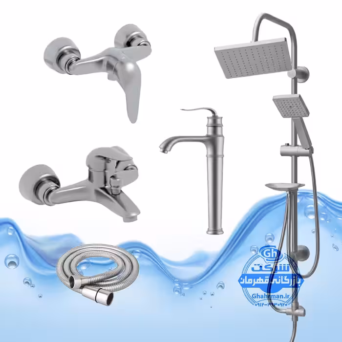 ست 5 عددی شیرآلات برند آیدا صنعت مدل قهرمان | شیر روشویی پایه‌بلند بامبو   شیر توالت   شیر حمام   علم یونیورست رسوب‌گیر اتومات   شلنگ توالت | کروم مات