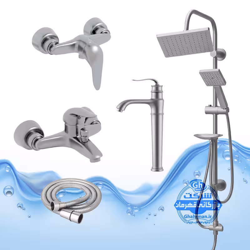 ست 5 عددی شیرآلات برند آیدا صنعت مدل قهرمان | شیر روشویی پایه‌بلند بامبو   شیر توالت   شیر حمام   علم یونیورست رسوب‌گیر اتومات   شلنگ توالت | کروم مات