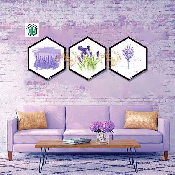 تابلو دکوراتیو 6 ضلعی سه تکه بنفش کد GH231