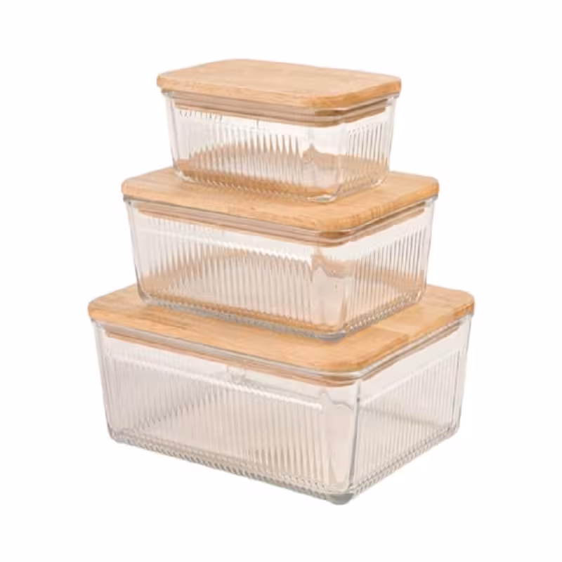 ست ظرف شیشه ای مستطیل در چوبی لیمون کد 2211