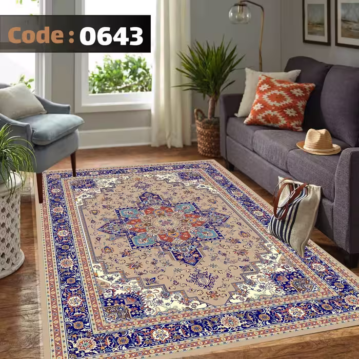 کاورفرش روفرشی دورکشدار گوشه لیفه ای لاکی ، آبی و متنوع کد 0643