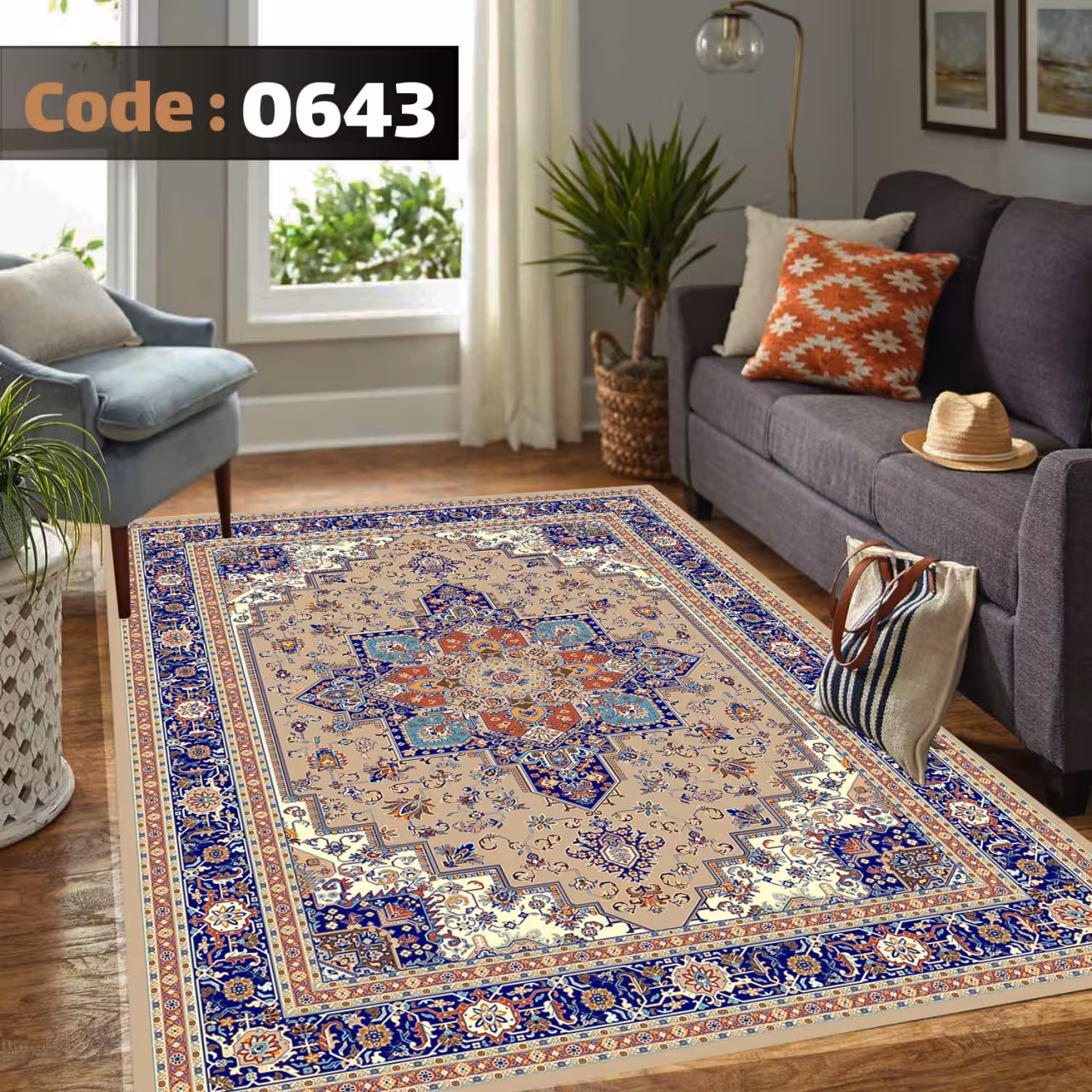 کاورفرش روفرشی دورکشدار گوشه لیفه ای لاکی ، آبی و متنوع کد 0643