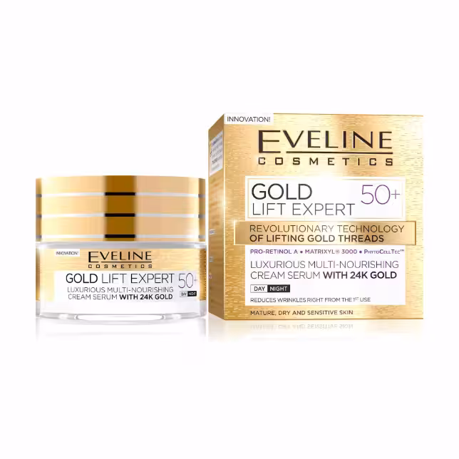 کرم سرم لوکس چندتغذیه‌ای Eveline Gold Lift Expert با طلا 24k برای سنین 50