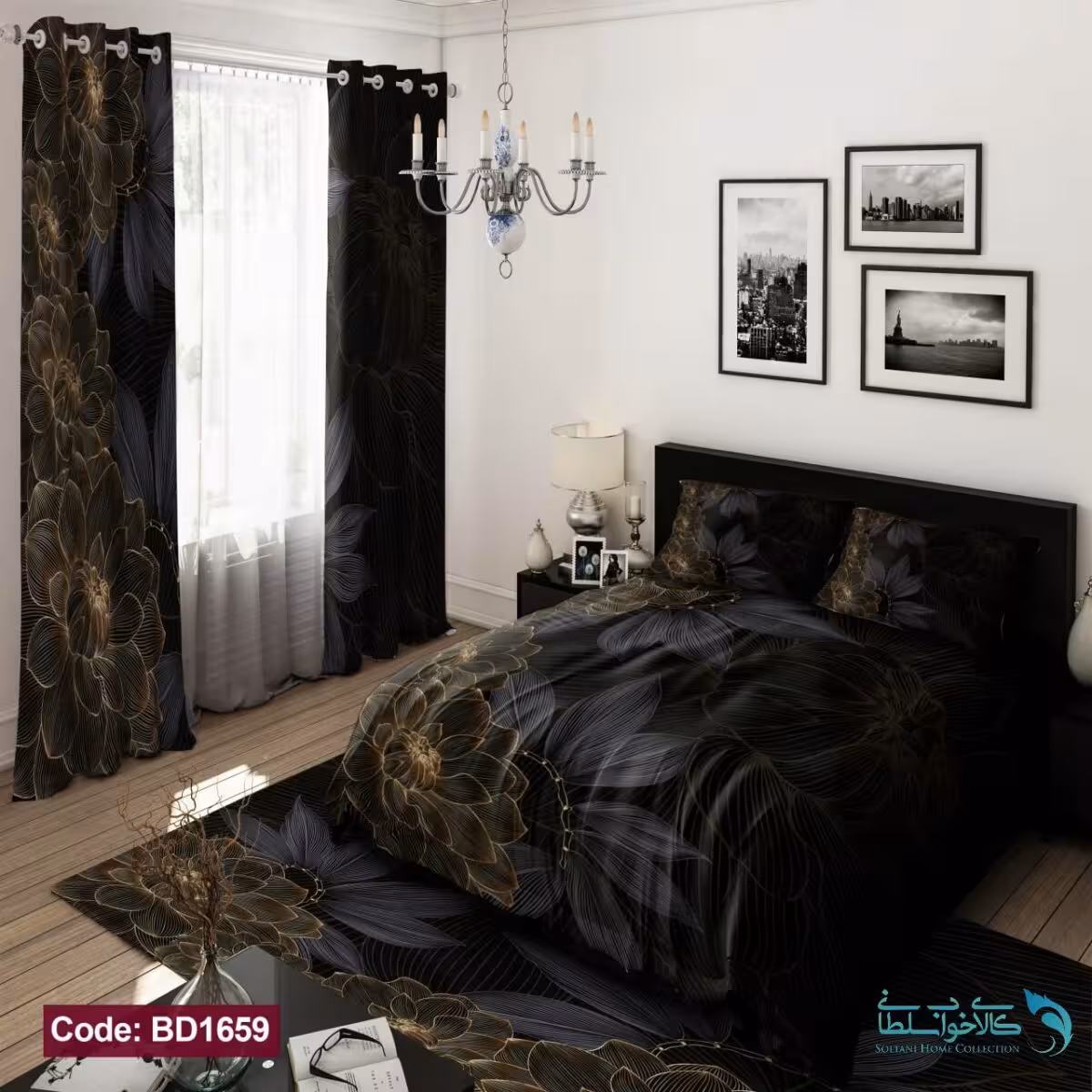 روتختی طرح گلدار مشکی دونفره کد BD1659