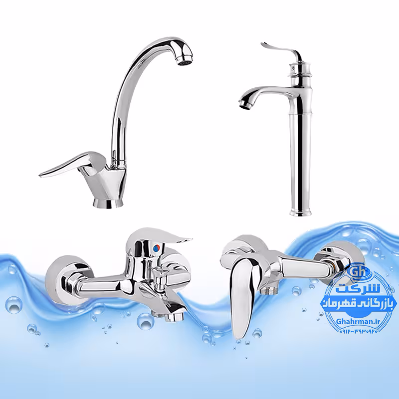 ست 4 عددی شیرآلات برند آیدا صنعت مدل قهرمان | شیر روشویی پایه‌بلند   شیر ظرفشویی   شیر حمام   شیر توالت | کروم براق