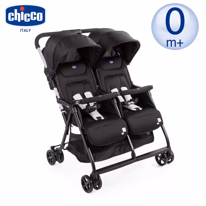 کالسکه دوقلو چیکو بغل هم رنگ مشکی با وزن سبک و جمع شو کوچک مسافرتی  chicco  ohlala twin / black night