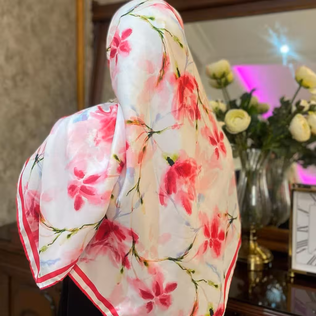 روسری نخ ابریشم توییل قواره 130  طرح  آبرنگی سرخ آبی 