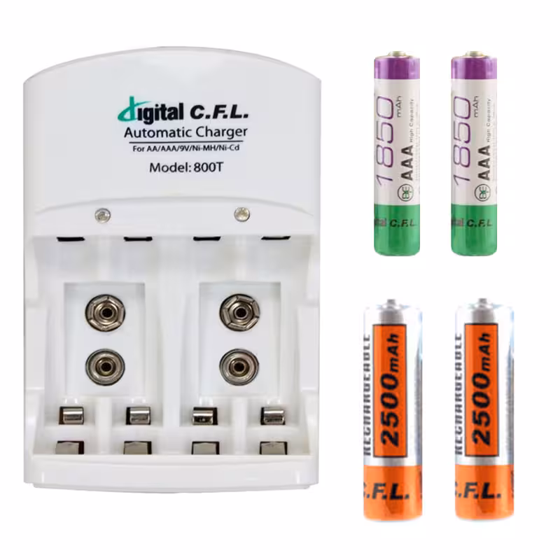 شارژر باتری دیجیتال CFL مدل 800T به همراه باتری‌ قابل شارژ نیم‌قلمی 1850mAh و قلمی 2500mAh