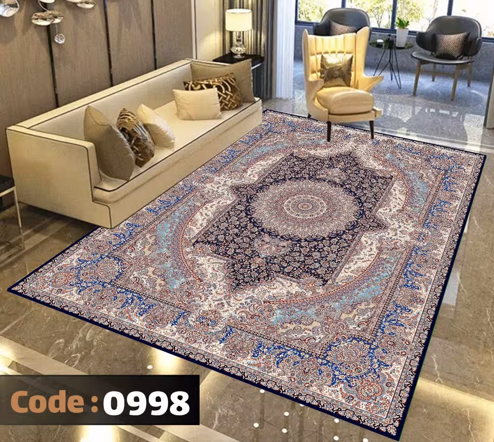 کاورفرش روفرشی دورکشدار گوشه لیفه ای لاکی ، آبی و متنوع کد 0998