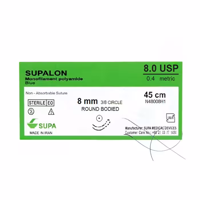 نخ جراحی نایلون 8 راند دو سوزنه با سوزن 8 سوپا (supa)