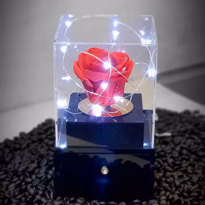 جعبه موزیکال هندلی با گل رز جاویدان
