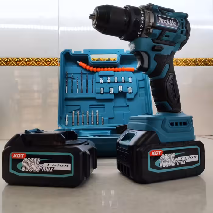 دریل شارژی 118 ولت ماکیتا موتور براشلس دوباتری سه نظام فلزی . پیچگوشتی شارژی 118 ولت ماکیتا با کیف و لوازم جانبی کامل