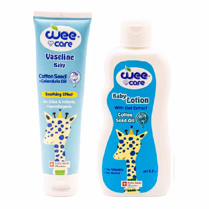 لوسیون بدن کودک وی کر مدل Cottonseed حجم 200 میلی لیتر به همراه وازلین کودک وی کر 100 میلی لیتر