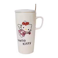 ماگ بلند درب دار قاشق دار مدل Hello Kitty
