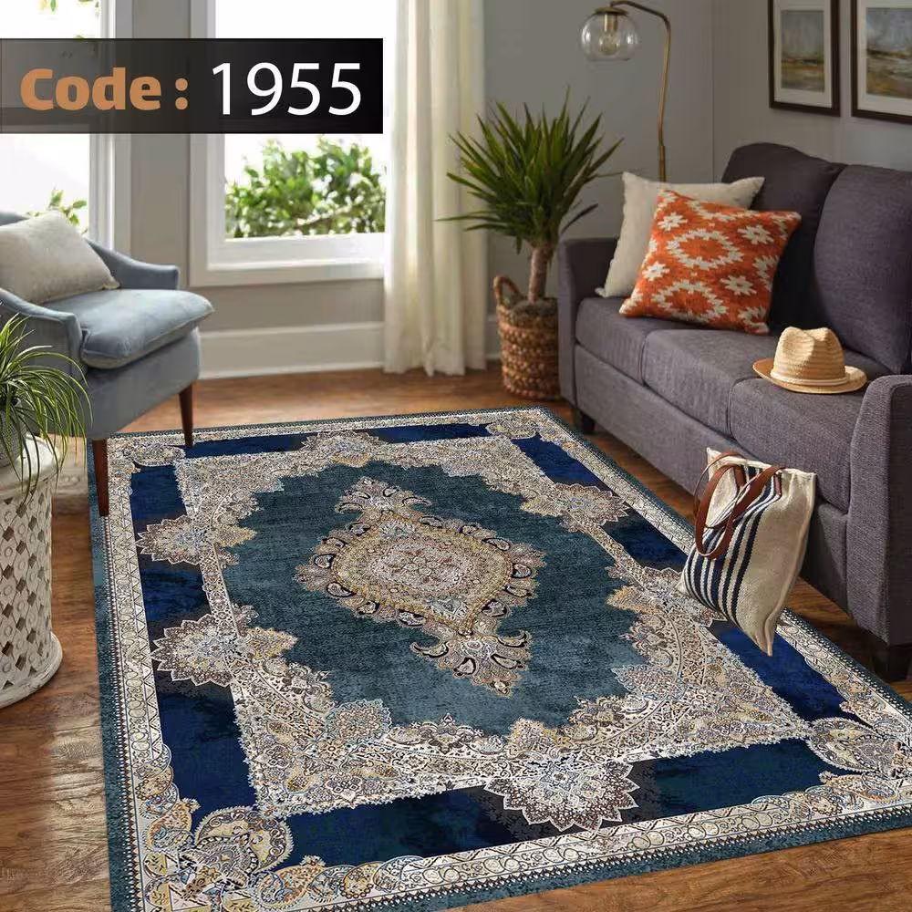 کاورفرش روفرشی دورکشدار گوشه لیفه ای لاکی ، آبی و متنوع کد 1955
