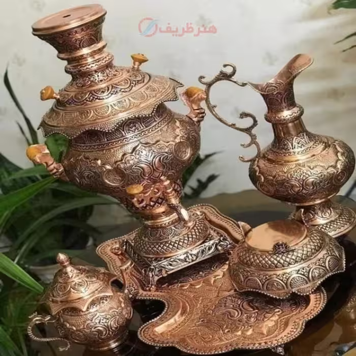 سرویس سماور ذغالی قلمزنی مسی 8 لیتری سیاه قلم