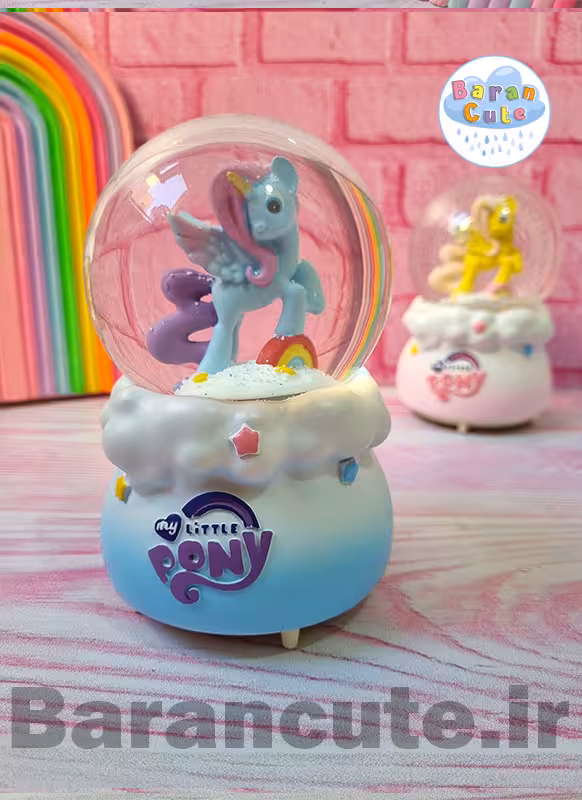 گوی موزیکال پمپی برفی چراغ دار سایز بزرگ طرح پونی آبی