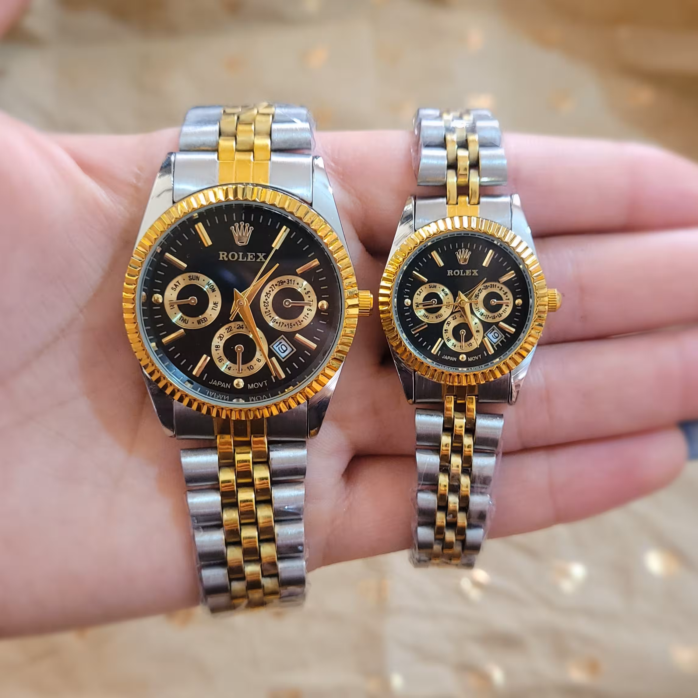 ست ساعت رولکس بنداستیل دورنگ صفحه مشکی طرح سه موتور