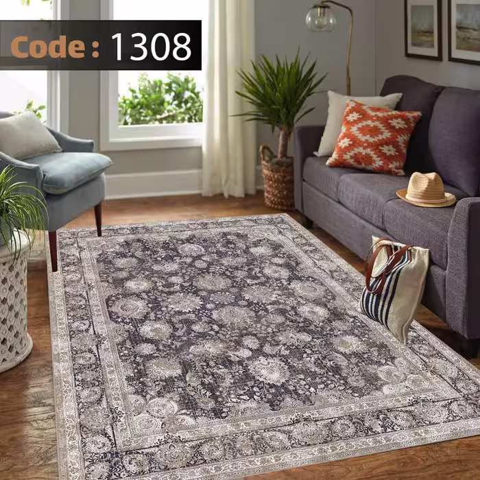 کاورفرش روفرشی دورکشدار گوشه لیفه ای طوسی کرم کد 1308