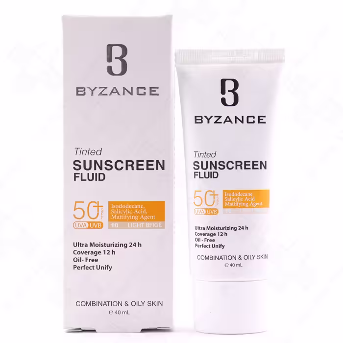 فلوئید ضد آفتاب کرم پودری  SPF50 بژ روشن مناسب پوست مختلط و چرب بیزانس 40 میلی لیتر