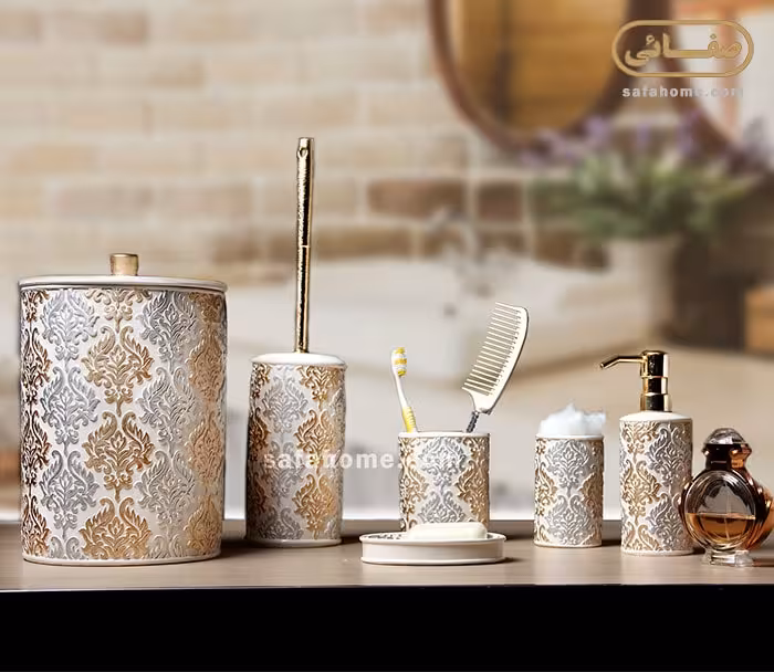 سرویس بهداشتی 6 تکه رزین طلایی طرح Damask