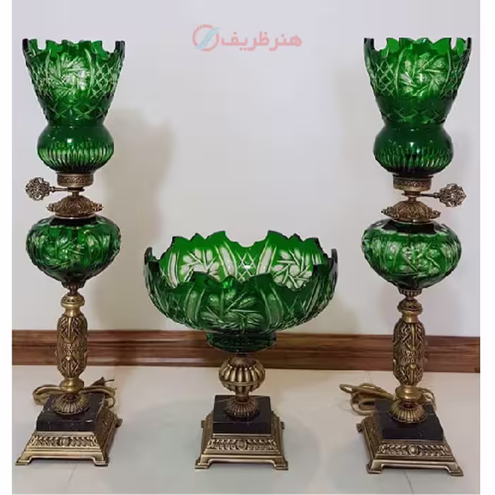 ست چراغ و میوه خوری کریستال سبز قطعات تمام برنج
