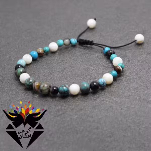 دستبند فیروزه نیشابوری و عقیق باباقوری و صدف اسپرت کد D_1656