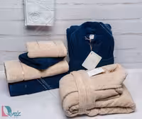 حوله ست دو نفره طرح ماکرو رنگ نسکافه ای و سرمه ای