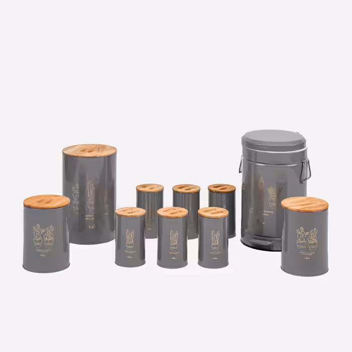 سرویس آشپزخانه ست 10 فانتزی طوسی کاکتوس درب بامبو یونیک کد 8064