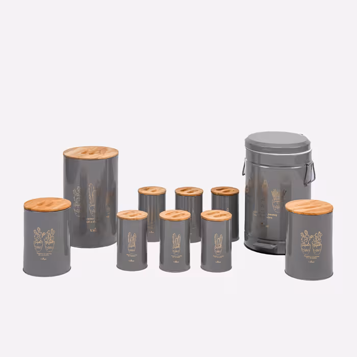 سرویس آشپزخانه ست 10 فانتزی طوسی کاکتوس درب بامبو یونیک کد 8064