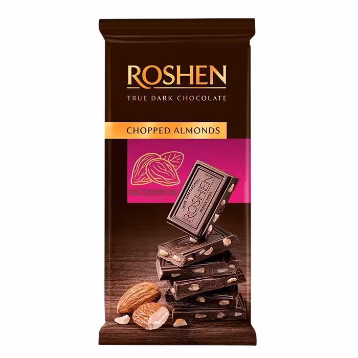 شکلات تلخ روشن با مغز بادام کاراملی مدل chopped almonds حجم 85 گرم