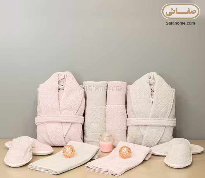 ست حوله عروس و داماد ماربل سبز و صورتی