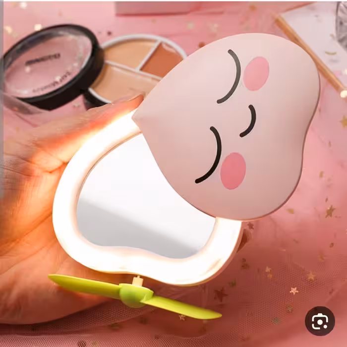 مینی فن جیبی شارژی سه کاره ی آینه و رینگ لایت دار هلویی پنکه جیبی هلویی وارداتی