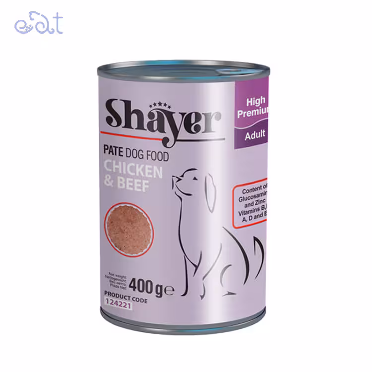 کنسرو سگ با طعم مرغ و گوشت قرمز برند شایر Shayer وزن 400 گرم