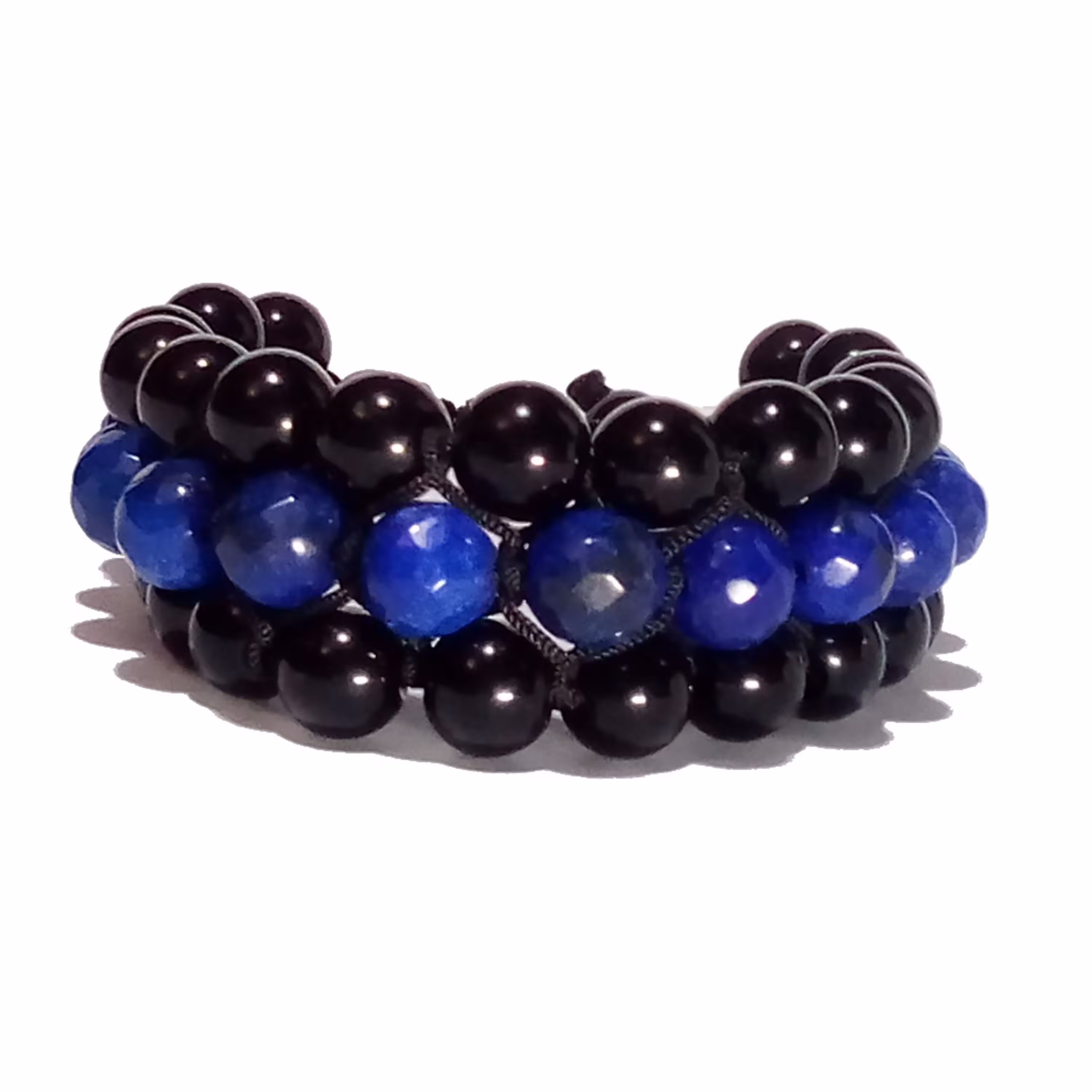 دستبند کشویی سه ردیفه جید آبی تیره تراش خورده و اونیکس مشکی براق