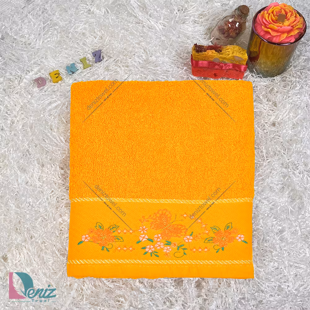 حوله دستی گلدوزی سالوته رنگ لیمویی