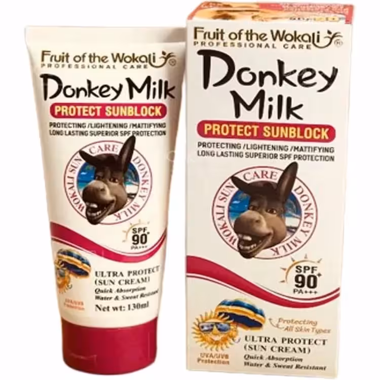 کرم ضد آفتاب بی رنگ شیر الاغ 130 میل SPF 90 (خر) وکالی Donkey Milk Wokali