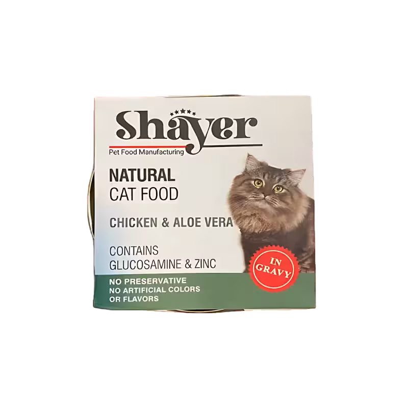 کنسرو گربه بالغ مدل نچرال طعم مرغ و آلوئهورا برند Shayer شایر 110 گرمی