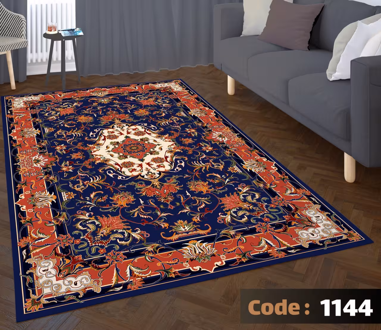کاورفرش روفرشی دورکشدار گوشه لیفه ای لاکی ، آبی و متنوع کد 1144